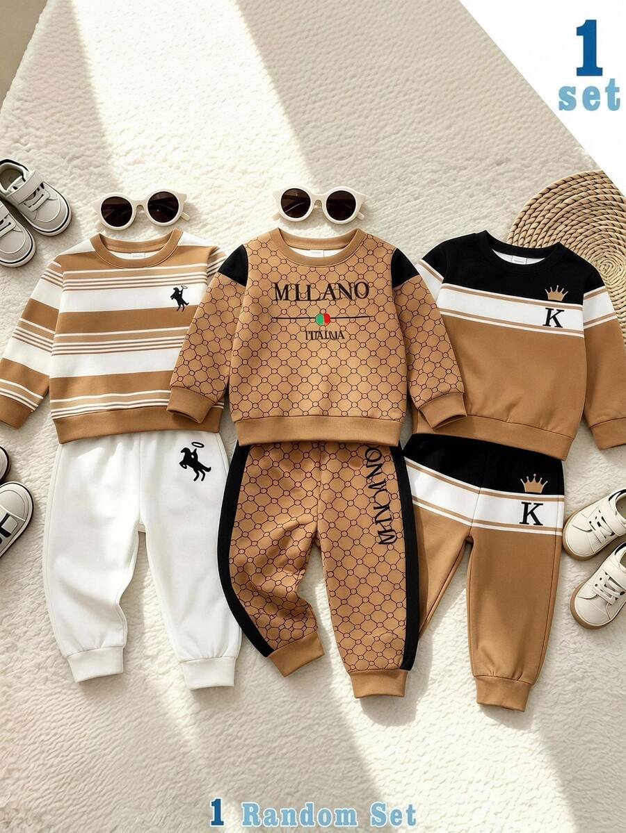Fleece Black And White Brown Colorblock Casual Smart Fashion Sporty Classic Patchwork Letter Print Crew Neck Sweatshirt And Matching Pants Set - Multicolor - View 1