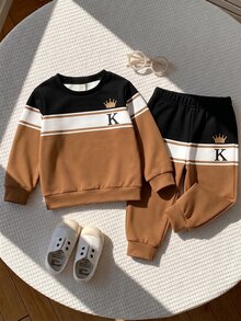 Fleece Black And White Brown Colorblock Casual Smart Fashion Sporty Classic Patchwork Letter Print Crew Neck Sweatshirt And Matching Pants Set - Multicolor - View 3