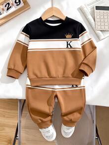 Fleece Black And White Brown Colorblock Casual Smart Fashion Sporty Classic Patchwork Letter Print Crew Neck Sweatshirt And Matching Pants Set - Multicolor - View 4