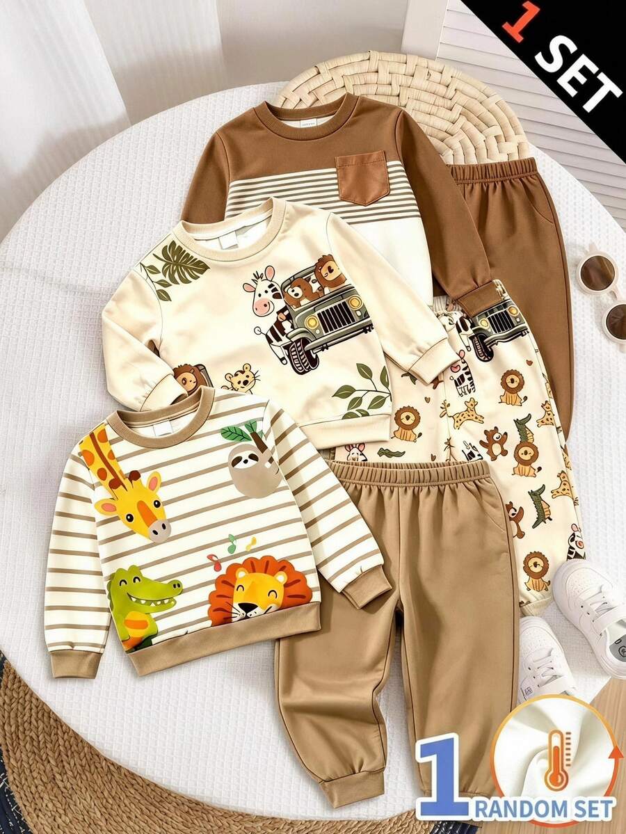 SHEIN 舒適時尚簡約米棕色印花圓領衛衣運動長褲2件套 秋季家庭生日情侶套裝趣味圖案 - 彩色 - 查看 1