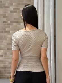 Yohana Edit Women's Elegant Asymmetric Neckline 3D Rose Gold Button Decor Short Sleeve T-Shirt - Grey - View 2