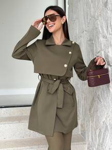 Yohana Edit 时尚法式复古H型腰带收腰翻领驼色女秋冬风衣 - 軍綠色 - 查看 1
