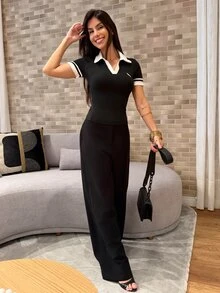 Yohana Edit 女士时尚优雅运动刺绣马图案撞色 Polo 领半拉链 V 领短袖修身 T 恤 - 黑與白 - 查看 3