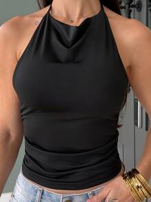Yohana Edit Elegant Black Christmas Party Sleeveless Spaghetti Strap Top For Women, Winter - Black - View 6