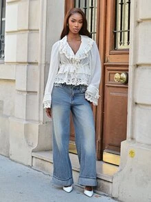Mima John Bohemian Ruffled Collar Waist Lace Patchwork Women Blouse,Summer Top - Apricot - View 4