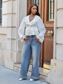 Mima John Bohemian Ruffled Collar Waist Lace Patchwork Women Blouse,Summer Top - Apricot - View 3