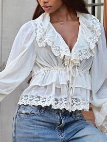 Mima John Bohemian Ruffled Collar Waist Lace Patchwork Women Blouse,Summer Top - Apricot - View 5