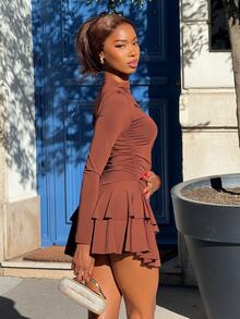 Mima John Women's Red Long Sleeve High Neck Ruched Waist Vintage Dress, Autumn/Winter ,Petite Women - Brown - View 4