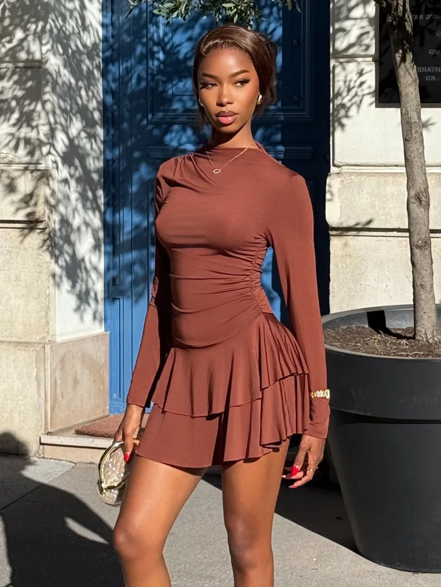 Mima John Women's Red Long Sleeve High Neck Ruched Waist Vintage Dress, Autumn/Winter ,Petite Women - Brown - View 1