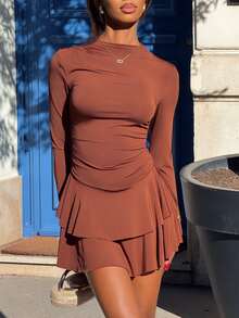 Mima John Women's Red Long Sleeve High Neck Ruched Waist Vintage Dress, Autumn/Winter ,Petite Women - Brown - View 3