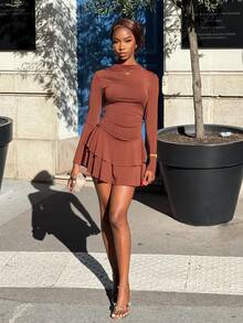 Mima John Women's Red Long Sleeve High Neck Ruched Waist Vintage Dress, Autumn/Winter ,Petite Women - Brown - View 6