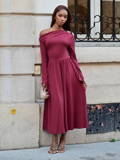 Mima John Burgundy Asymmetric-Shoulder Midi Dress For Women,Elegant One Shoulder Autumn Clothes,Chic Party Dress For Ladies,Thanksgiving New Year Christmas