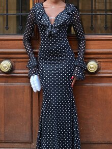 Mima John Polka Dot Layered Ruffle Hem Long Sleeve Flare Waist Bodycon Dress For Women Elegant Maxi Black And White Trim - Black - View 5