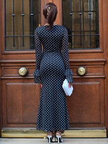 Mima John Polka Dot Layered Ruffle Hem Long Sleeve Flare Waist Bodycon Dress For Women Elegant Maxi Black And White Trim - Black - View 2