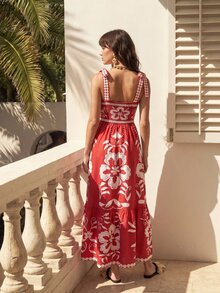 CAJUNI Tropical Vacation Embroidery Flower Cute Dress - Red - View 2