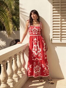 CAJUNI Tropical Vacation Embroidery Flower Cute Dress - Red - View 3