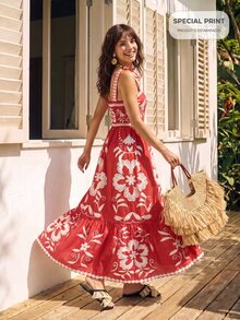 CAJUNI Tropical Vacation Embroidery Flower Cute Dress - Red - View 1