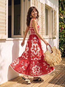 CAJUNI Tropical Vacation Embroidery Flower Cute Dress - Red - View 8