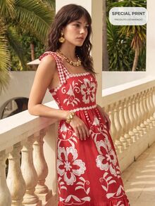 CAJUNI Tropical Vacation Embroidery Flower Cute Dress - Red - View 10