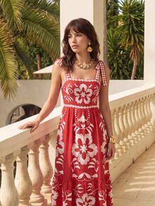 CAJUNI Tropical Vacation Embroidery Flower Cute Dress - Red - View 7