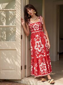 CAJUNI Tropical Vacation Embroidery Flower Cute Dress - Red - View 9