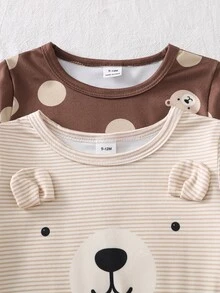 4pcs Baby Boy Comfortable Soft Grey Blue Striped Teddy Bear All-Over Print 3D Ear Decor Round Neck Long Sleeve Pants Pajama Set - Khaki - View 7