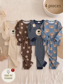 4pcs Baby Boy Comfortable Soft Grey Blue Striped Teddy Bear All-Over Print 3D Ear Decor Round Neck Long Sleeve Pants Pajama Set - Khaki - View 8