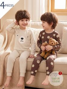 4pcs Baby Boy Comfortable Soft Grey Blue Striped Teddy Bear All-Over Print 3D Ear Decor Round Neck Long Sleeve Pants Pajama Set - Khaki - View 1