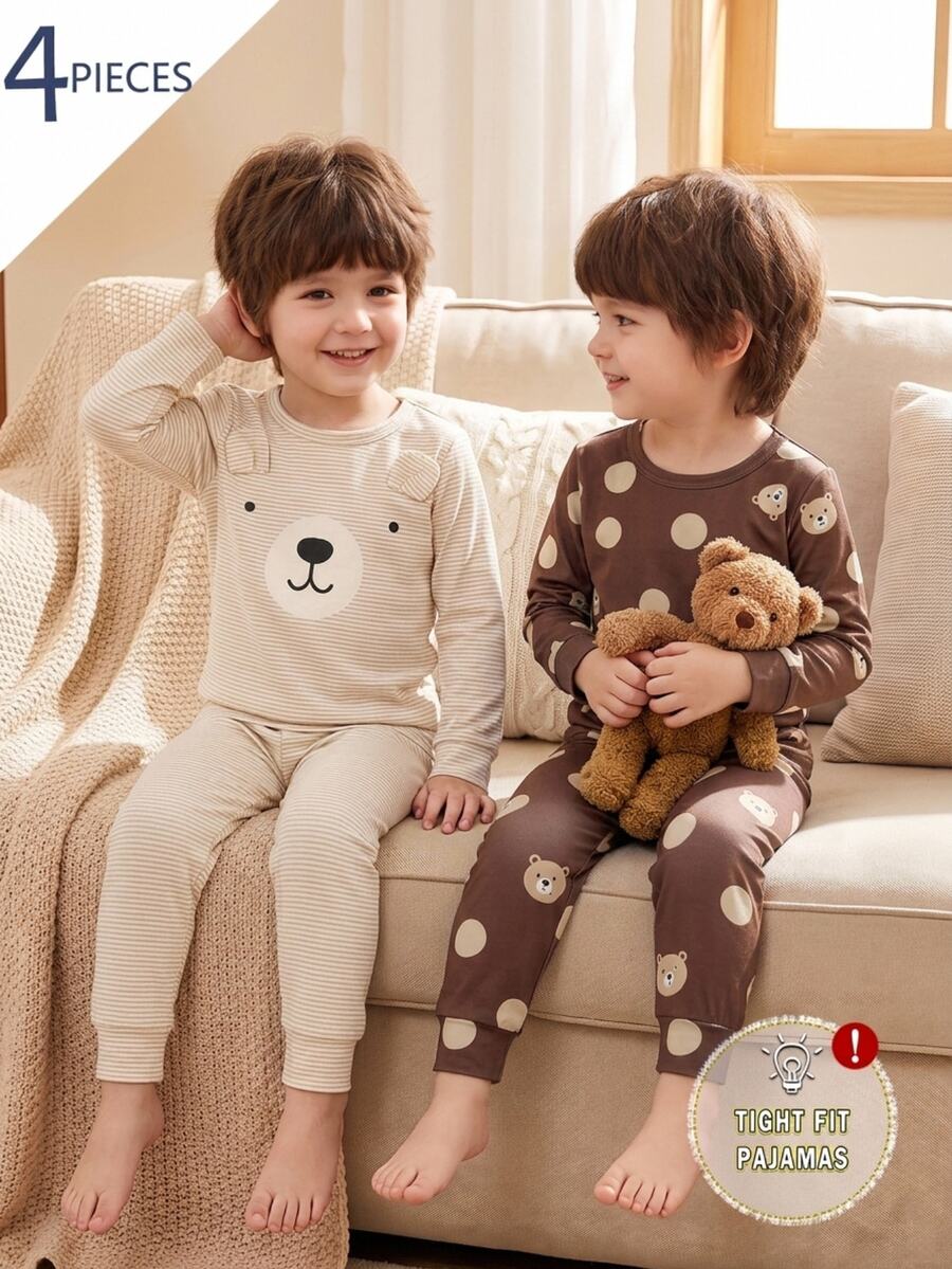 4pcs Baby Boy Comfortable Soft Grey Blue Striped Teddy Bear All-Over Print 3D Ear Decor Round Neck Long Sleeve Pants Pajama Set - Khaki - View 1
