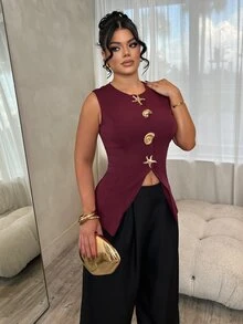 Dayanna Comas Áo khoác Blazer nữ công sở không tay đơn giản đi làm/văn phòng trang trí kim loại mùa thu/đông - Màu Đỏ Sâu - Xem 4