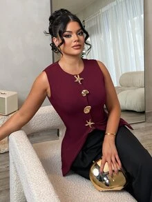 Dayanna Comas Áo khoác Blazer nữ công sở không tay đơn giản đi làm/văn phòng trang trí kim loại mùa thu/đông - Màu Đỏ Sâu - Xem 5