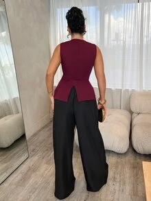 Dayanna Comas Áo khoác Blazer nữ công sở không tay đơn giản đi làm/văn phòng trang trí kim loại mùa thu/đông - Màu Đỏ Sâu - Xem 2