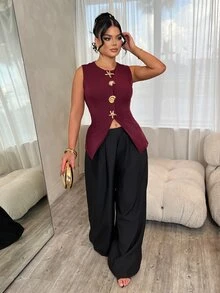 Dayanna Comas Áo khoác Blazer nữ công sở không tay đơn giản đi làm/văn phòng trang trí kim loại mùa thu/đông - Màu Đỏ Sâu - Xem 6