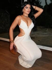 Dayanna Comas 女士休闲U领镂空针织修身无袖连衣裙 - 杏色 - 查看 5