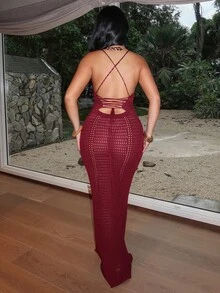 Dayanna Comas 钩针编织露背吊带束身胸衣拼接系带长裙，夏季度假性感伊比沙岛风情，适合春季海滩度假，优雅透视女神夜生活，冬季约会之夜时尚毛衣，春夏度假 - 酒紅色 - 查看 2