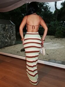 Dayanna Comas 女士春夏新款针织钩编交叉露背条纹波西米亚连衣裙，优雅度假连衣裙，夏季女装，适合音乐节、锐舞派对、乡村音乐会、夏日派对等场合，也可作为西部牛仔服饰穿着。夏季连衣裙，适合女士穿着，夏季女装，秋冬度假波西米亚风。 - 彩色 - 查看 3