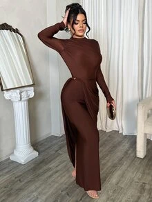 Dayanna Comas Sexy Elegant Kink Decorative Buckle Side Stacked Pleated Fake Two-Piece Party Dress - Coffee - View 4