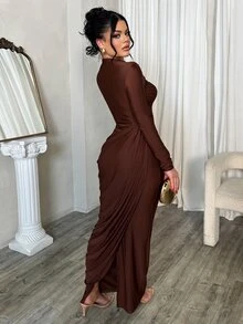 Dayanna Comas Sexy Elegant Kink Decorative Buckle Side Stacked Pleated Fake Two-Piece Party Dress - Coffee - View 2