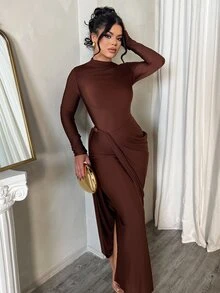 Dayanna Comas Sexy Elegant Kink Decorative Buckle Side Stacked Pleated Fake Two-Piece Party Dress - Coffee - View 6