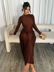 Dayanna Comas Sexy Elegant Kink Decorative Buckle Side Stacked Pleated Fake Two-Piece Party Dress - Coffee - View 5