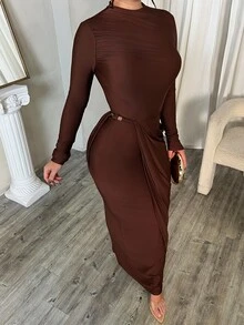 Dayanna Comas Sexy Elegant Kink Decorative Buckle Side Stacked Pleated Fake Two-Piece Party Dress - Coffee - View 3