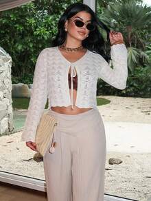 Dayanna Comas Áo khoác cardigan nữ thanh lịch thắt nơ phía trước khoét rỗng - Màu be - Xem 3