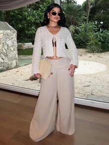 Dayanna Comas Áo khoác cardigan nữ thanh lịch thắt nơ phía trước khoét rỗng - Màu be - Xem 6