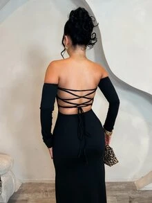 Dayanna Comas Đầm dài tay ôm sát gợi cảm, hở lưng, buộc dây ở gấu, xẻ cao dành cho nữ - màu đen - Xem 3