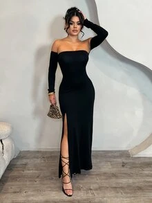 Dayanna Comas Đầm dài tay ôm sát gợi cảm, hở lưng, buộc dây ở gấu, xẻ cao dành cho nữ - màu đen - Xem 1