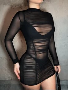 Dayanna Comas Mesh Ruffle Bodycon Dress - Black - View 3