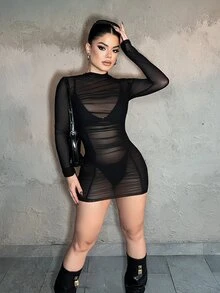 Dayanna Comas Mesh Ruffle Bodycon Dress - Black - View 1