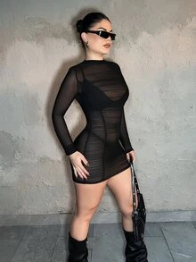 Dayanna Comas Mesh Ruffle Bodycon Dress - Black - View 4