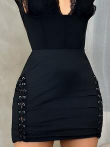Dayanna Comas Lace Up Front Bodycon Skirt - Black - View 5