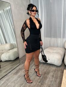 Dayanna Comas Lace Up Front Bodycon Skirt - Black - View 6